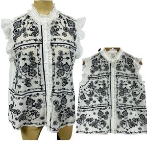 Johnny Was Silk Jade Top Mel Boho Eyelet White Black Sheer Corporate Ruffle SM